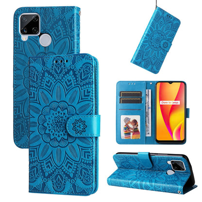 Realme C25 Sunflower Embossed Leather Wallet Phone Case with Kickstand and Card Holder