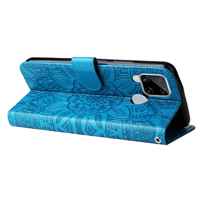 Realme C12 Sunflower Embossed Leather Wallet Phone Case with Kickstand and Card Holder