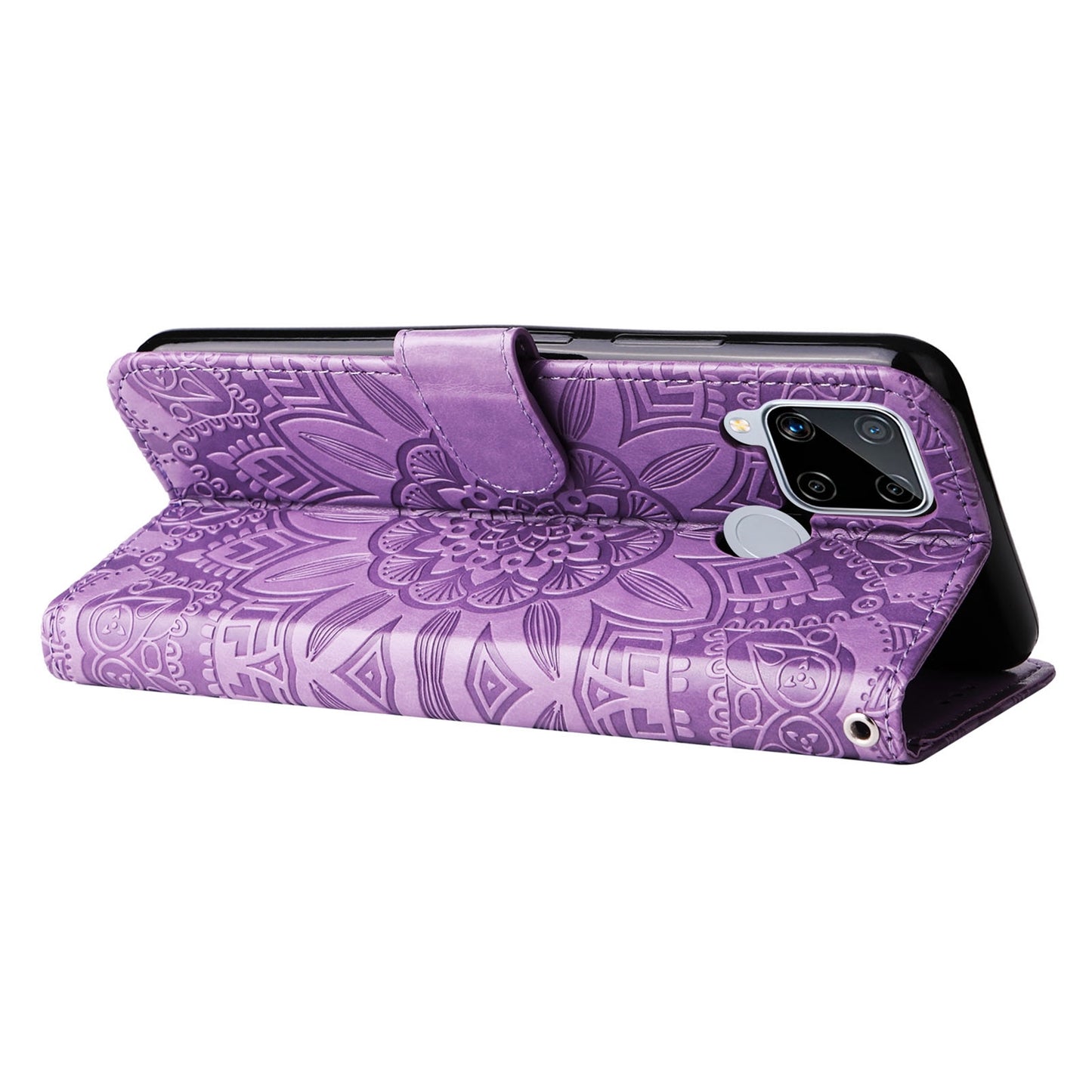 Realme C15 Sunflower Embossed Leather Wallet Phone Case with Kickstand and Card Holder