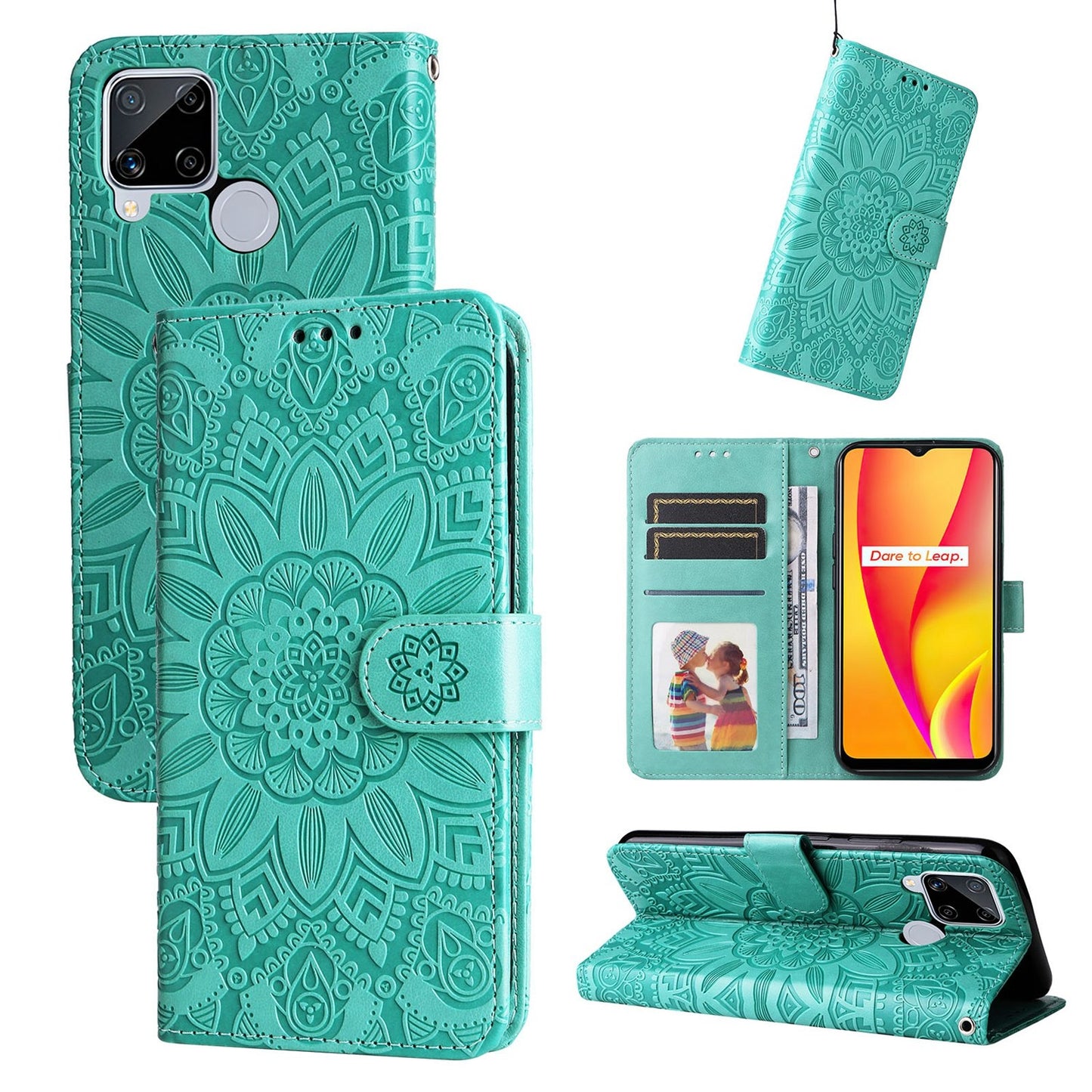 Realme C15 Sunflower Embossed Leather Wallet Phone Case with Kickstand and Card Holder