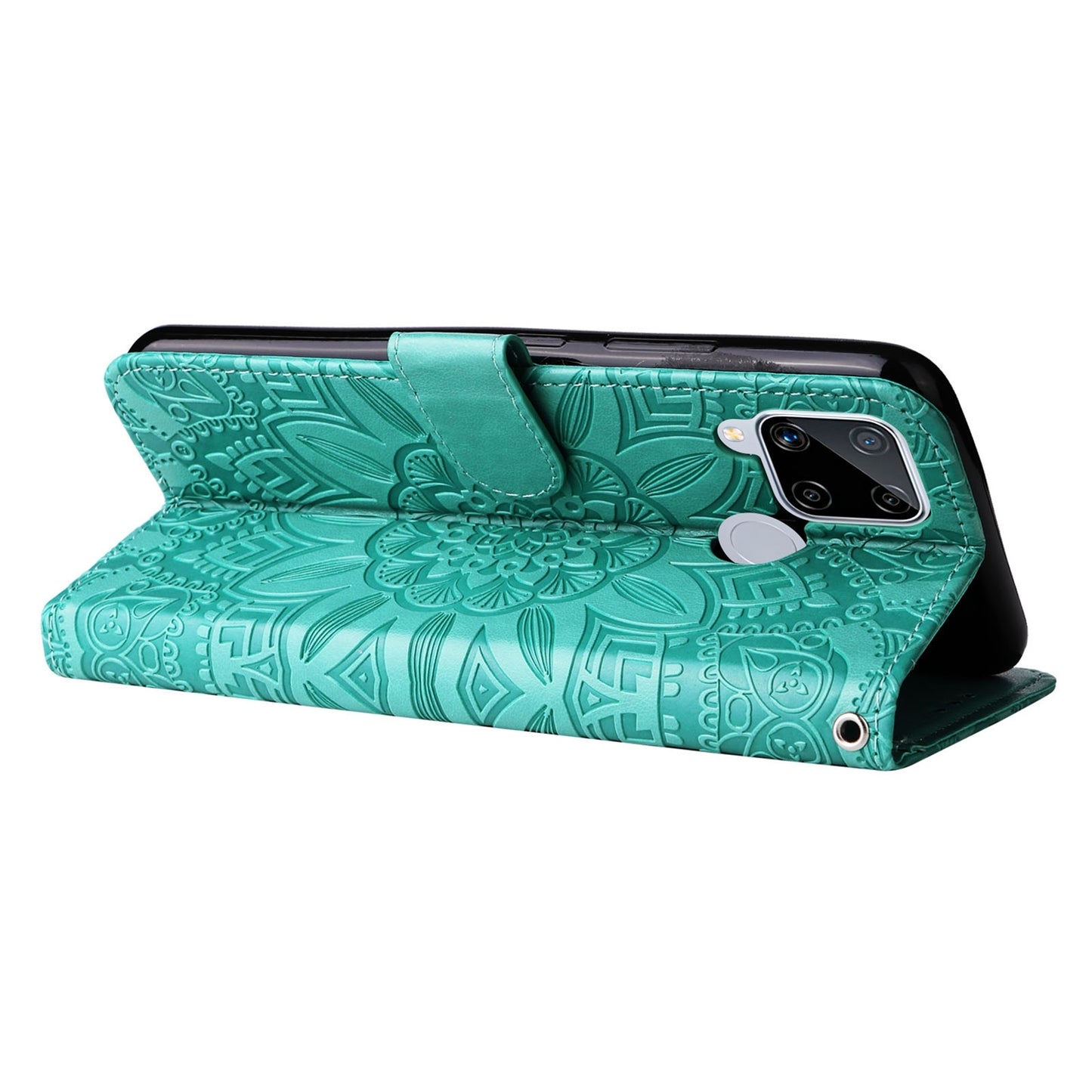 Realme C15 Sunflower Embossed Leather Wallet Phone Case with Kickstand and Card Holder