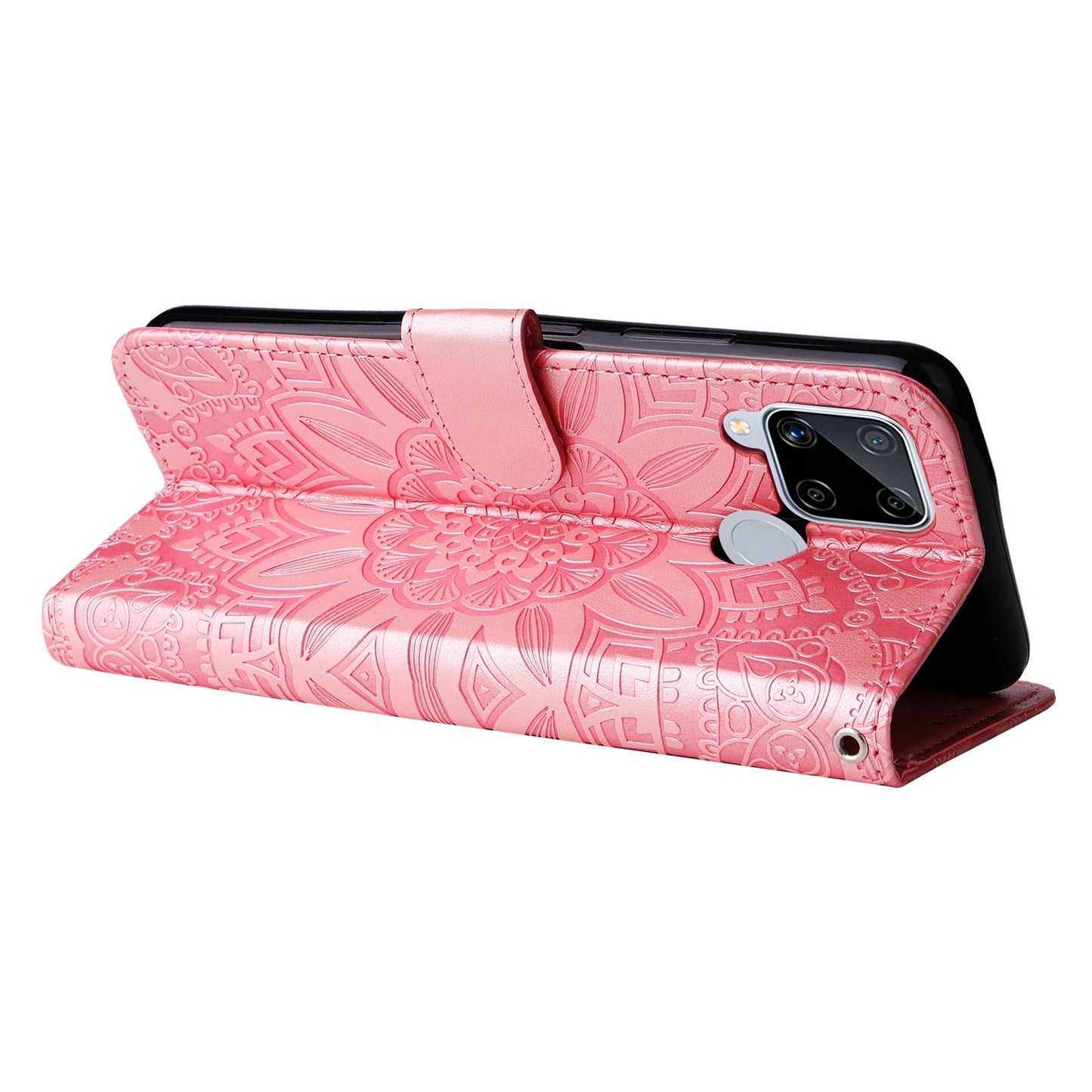 Realme C15 Sunflower Embossed Leather Wallet Phone Case with Kickstand and Card Holder