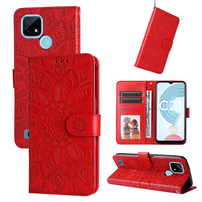Realme C21Y Sunflower Embossed Leather Wallet Phone Case with Kickstand and Card Holder