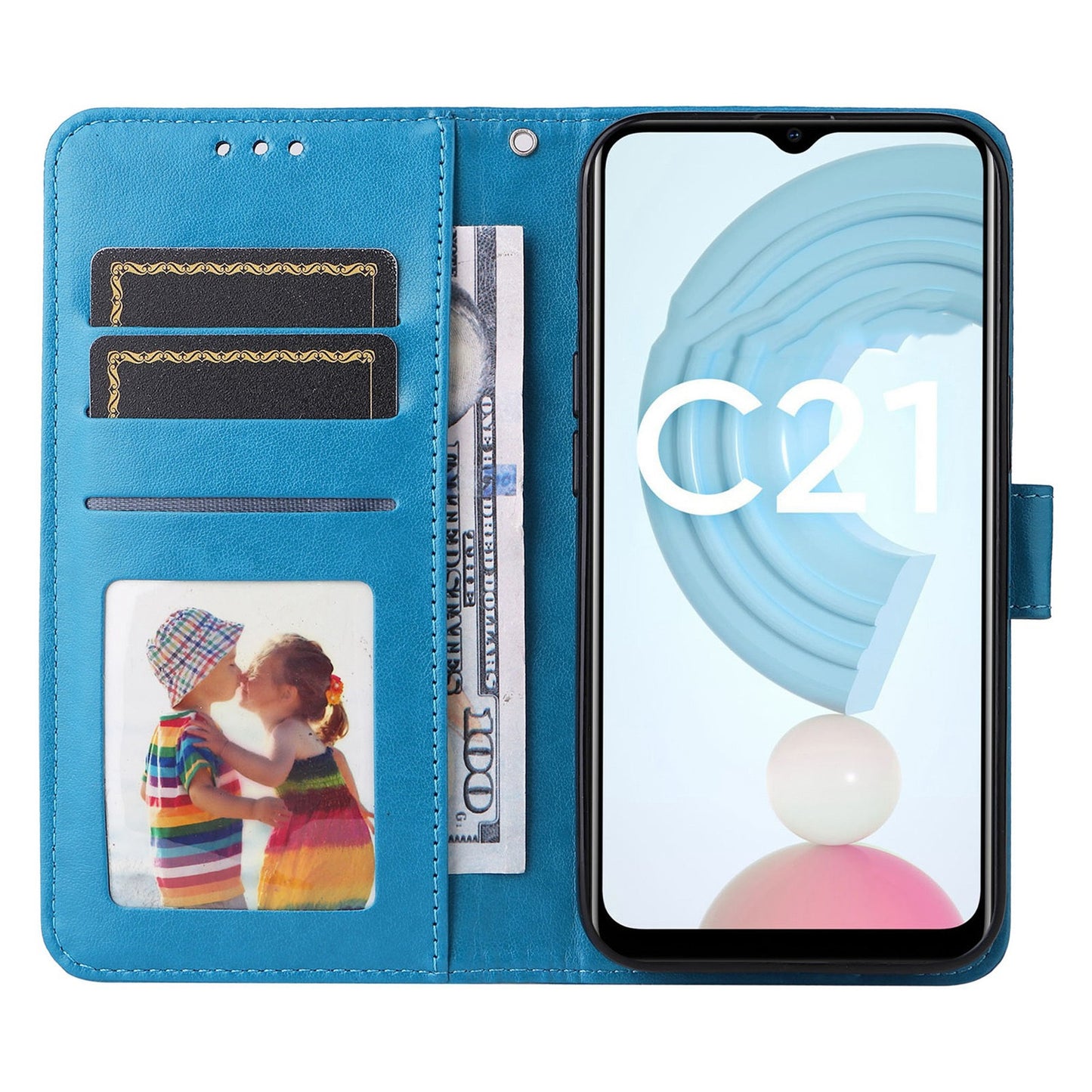 Realme C21 Sunflower Embossed Leather Wallet Phone Case with Kickstand and Card Holder