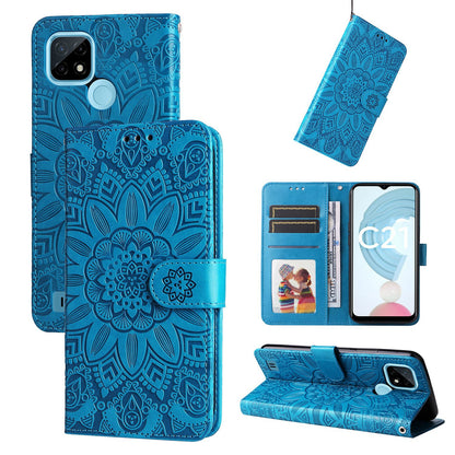 Realme C21Y Sunflower Embossed Leather Wallet Phone Case with Kickstand and Card Holder
