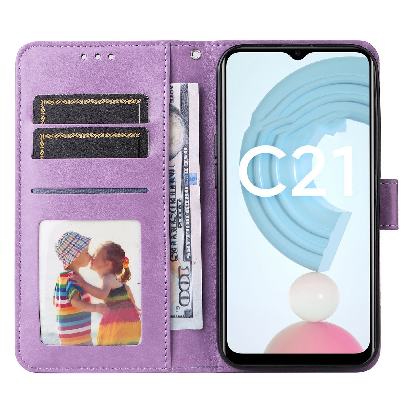 Realme C21 Sunflower Embossed Leather Wallet Phone Case with Kickstand and Card Holder