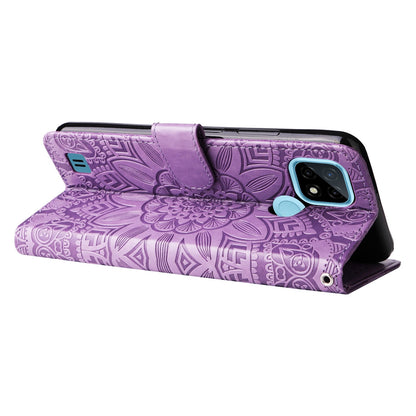 Realme C21 Sunflower Embossed Leather Wallet Phone Case with Kickstand and Card Holder