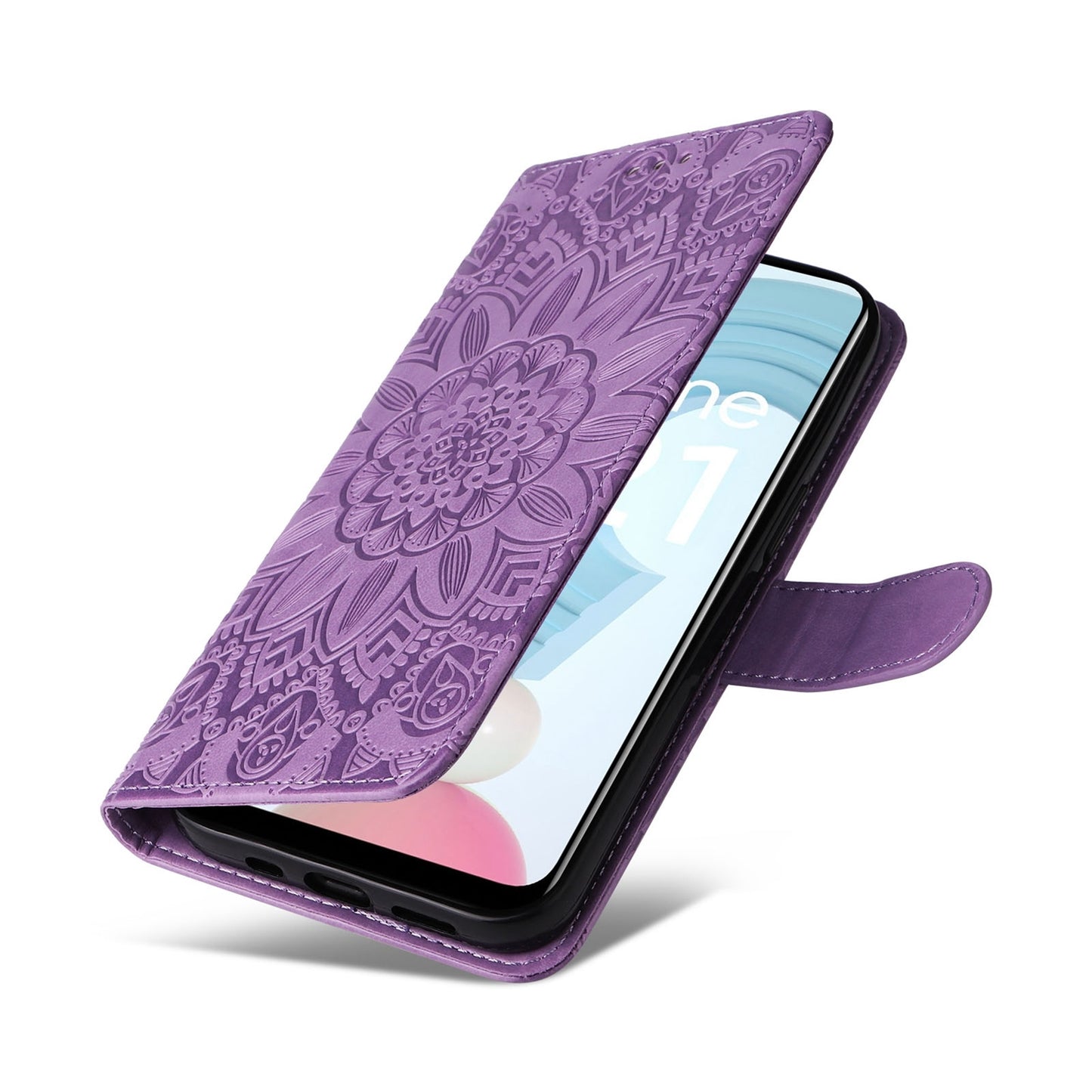 Realme C21Y Sunflower Embossed Leather Wallet Phone Case with Kickstand and Card Holder