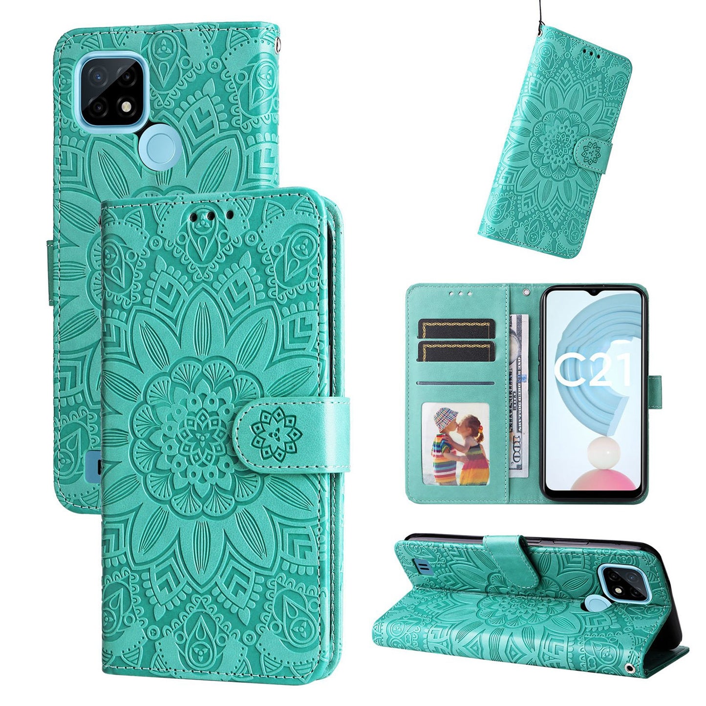 Realme C21 Sunflower Embossed Leather Wallet Phone Case with Kickstand and Card Holder