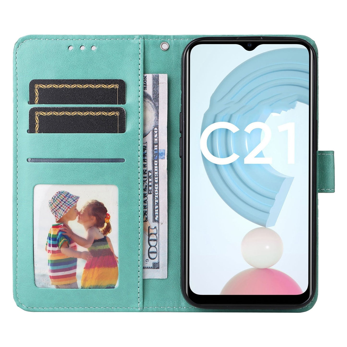 Realme C21 Sunflower Embossed Leather Wallet Phone Case with Kickstand and Card Holder