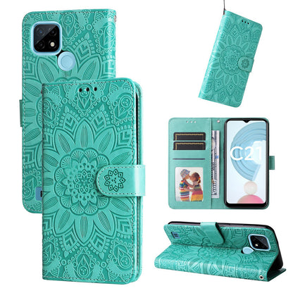 Realme C21Y Sunflower Embossed Leather Wallet Phone Case with Kickstand and Card Holder