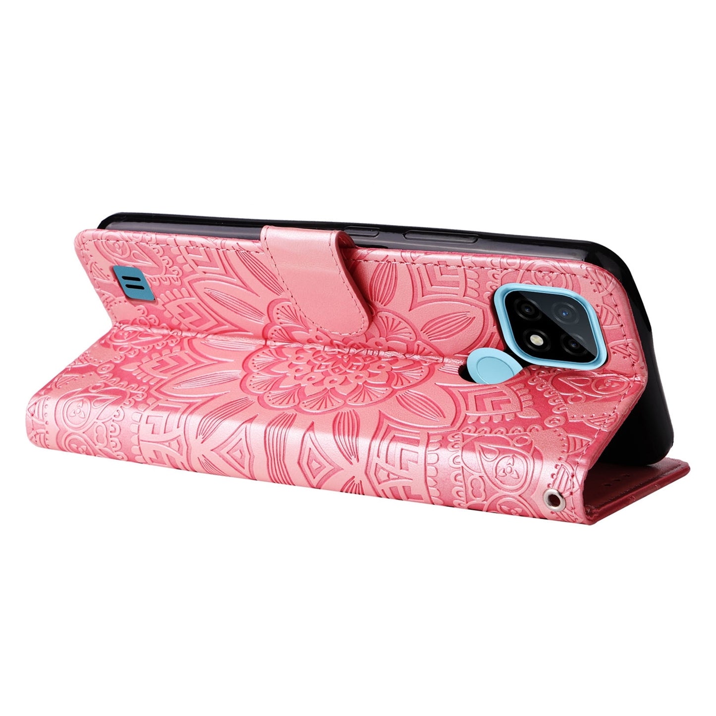 Realme C21Y Sunflower Embossed Leather Wallet Phone Case with Kickstand and Card Holder