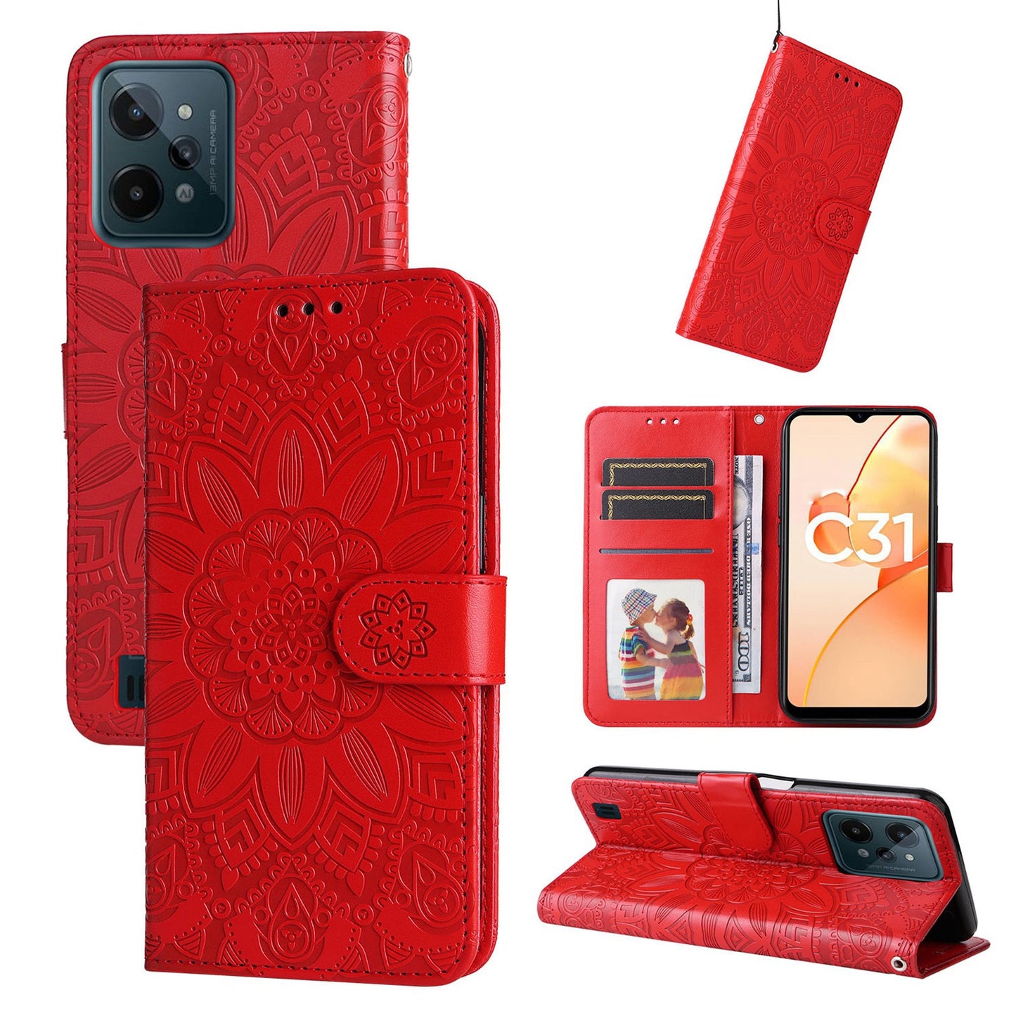 Realme C31 Sunflower Embossed Leather Wallet Phone Case with Kickstand and Card Holder