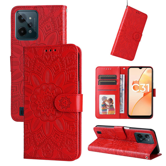 Realme C31 Sunflower Embossed Leather Wallet Phone Case with Kickstand and Card Holder