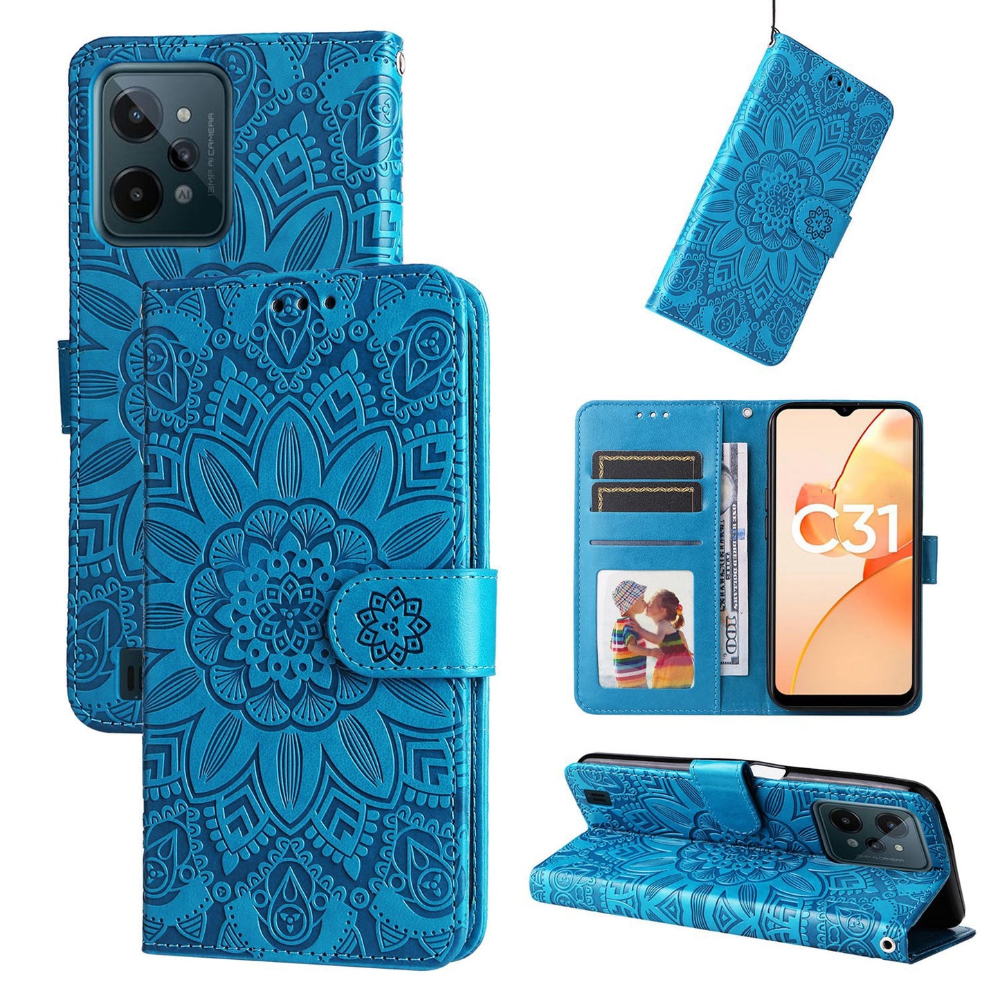 Realme C31 Sunflower Embossed Leather Wallet Phone Case with Kickstand and Card Holder