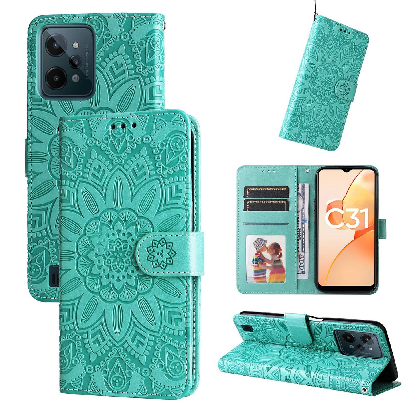Realme C31 Sunflower Embossed Leather Wallet Phone Case with Kickstand and Card Holder