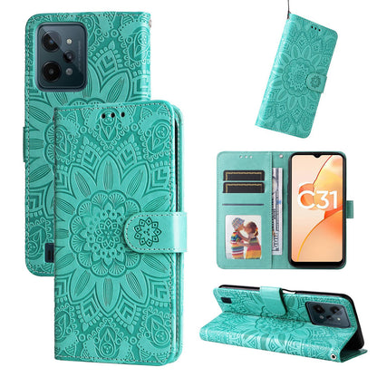Realme C31 Sunflower Embossed Leather Wallet Phone Case with Kickstand and Card Holder