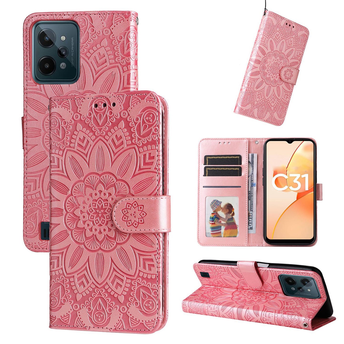 Realme C31 Sunflower Embossed Leather Wallet Phone Case with Kickstand and Card Holder