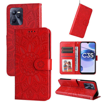 Realme C35 4G Sunflower Embossed Leather Wallet Phone Case with Kickstand and Card Holder
