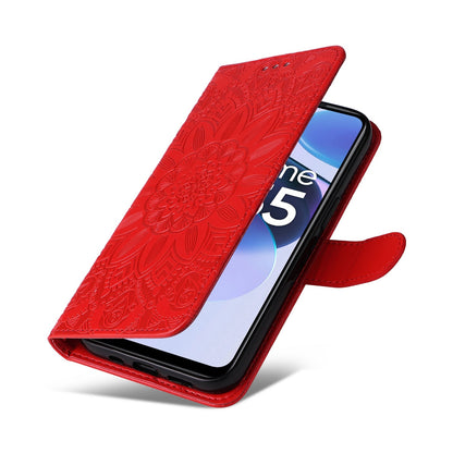 Realme Narzo 50A Prime Sunflower Embossed Leather Wallet Phone Case with Kickstand and Card Holder