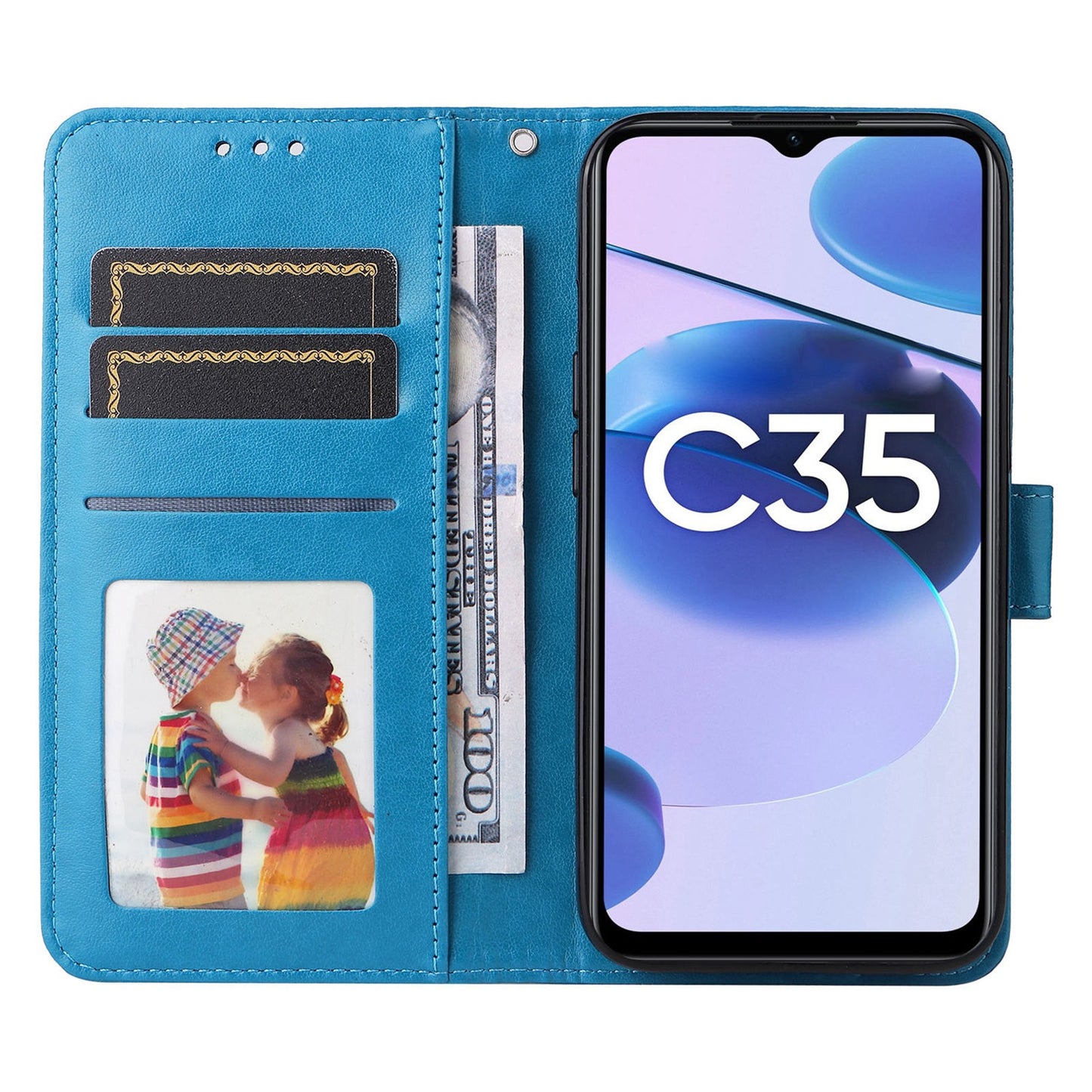 Realme C35 4G Sunflower Embossed Leather Wallet Phone Case with Kickstand and Card Holder