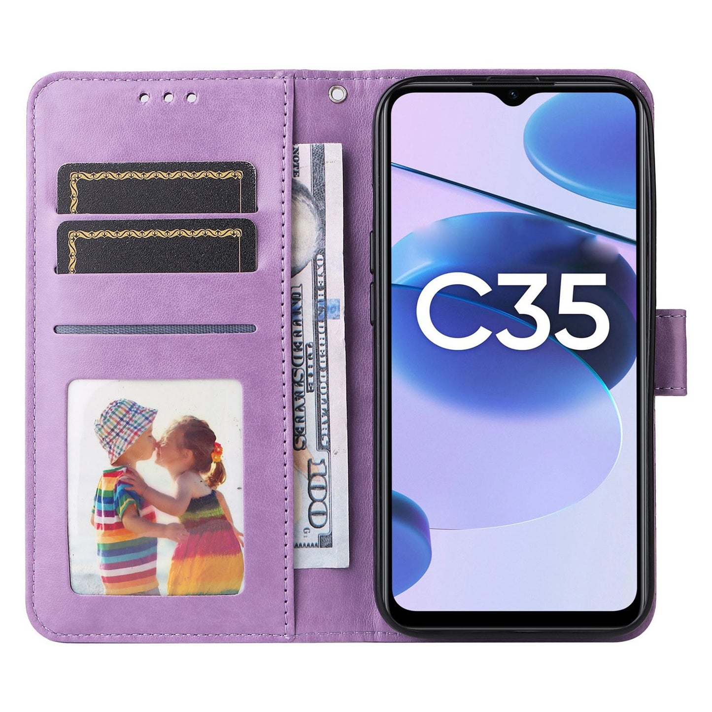 Realme C35 4G Sunflower Embossed Leather Wallet Phone Case with Kickstand and Card Holder