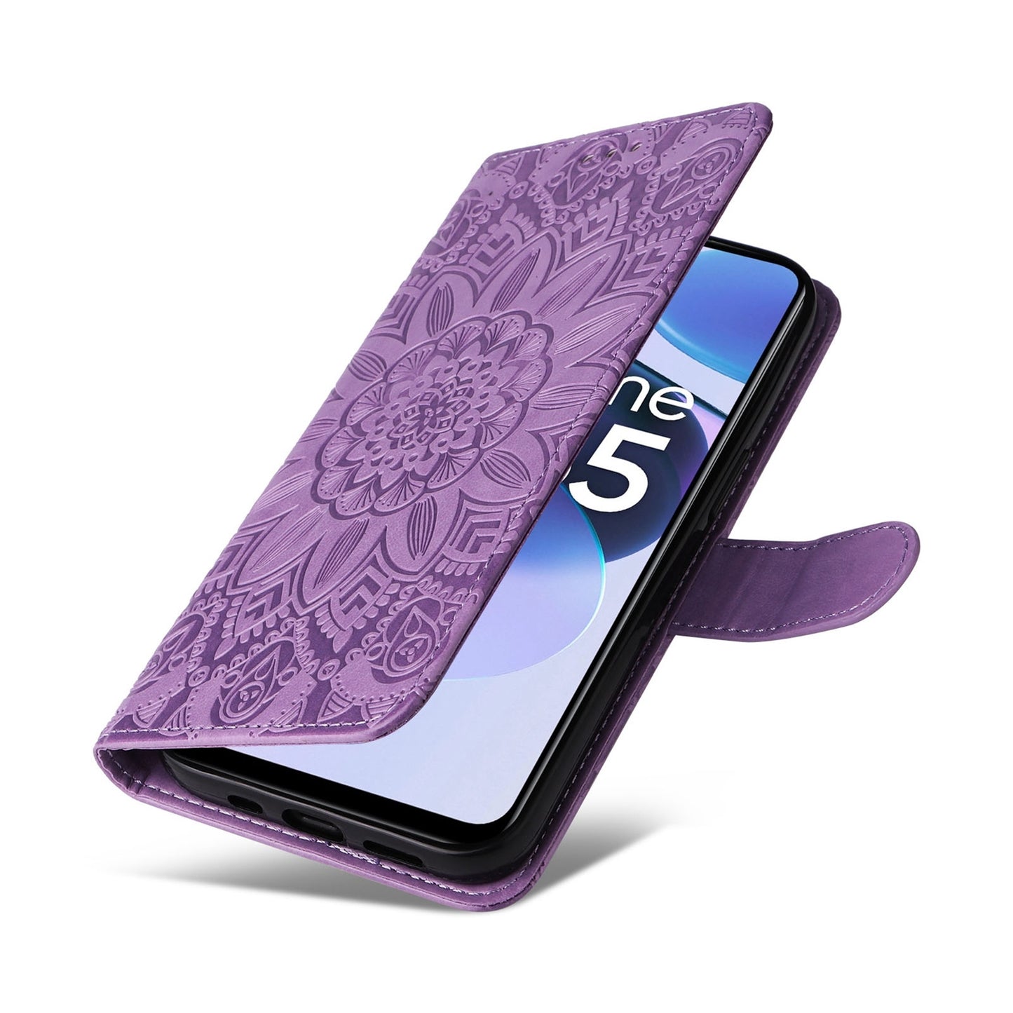 Realme Narzo 50A Prime Sunflower Embossed Leather Wallet Phone Case with Kickstand and Card Holder