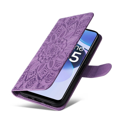 Realme Narzo 50A Prime Sunflower Embossed Leather Wallet Phone Case with Kickstand and Card Holder