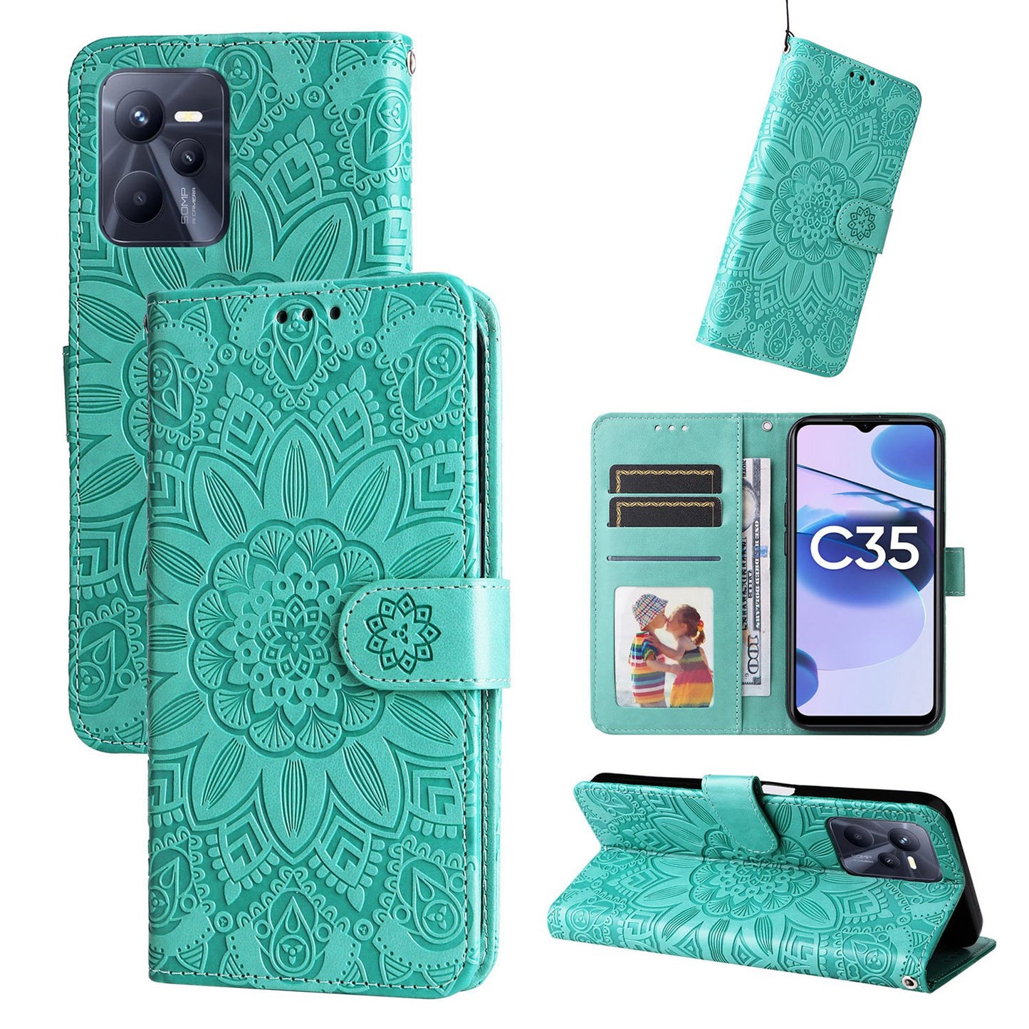 Realme C35 4G Sunflower Embossed Leather Wallet Phone Case with Kickstand and Card Holder
