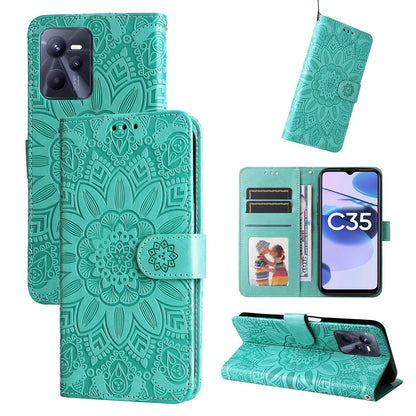 Realme Narzo 50A Prime Sunflower Embossed Leather Wallet Phone Case with Kickstand and Card Holder