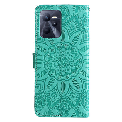 Realme Narzo 50A Prime Sunflower Embossed Leather Wallet Phone Case with Kickstand and Card Holder