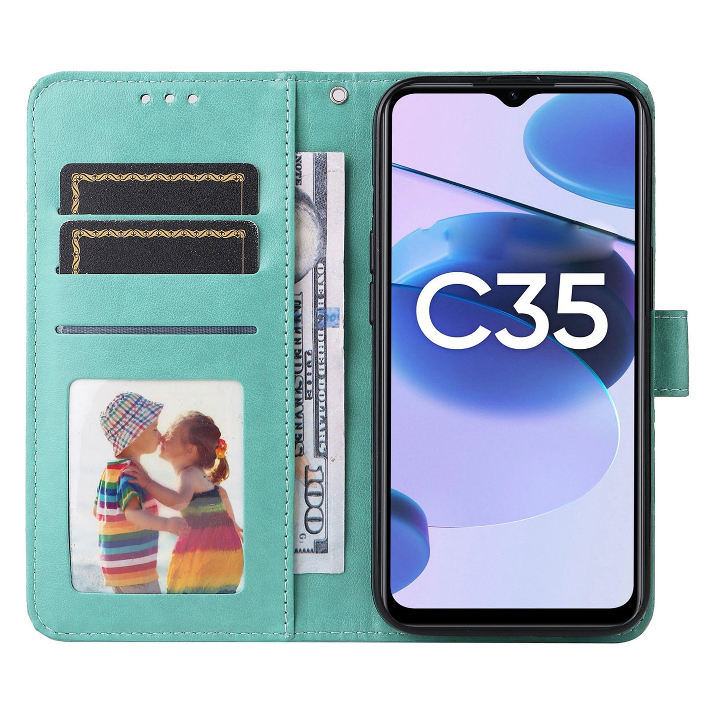 Realme Narzo 50A Prime Sunflower Embossed Leather Wallet Phone Case with Kickstand and Card Holder