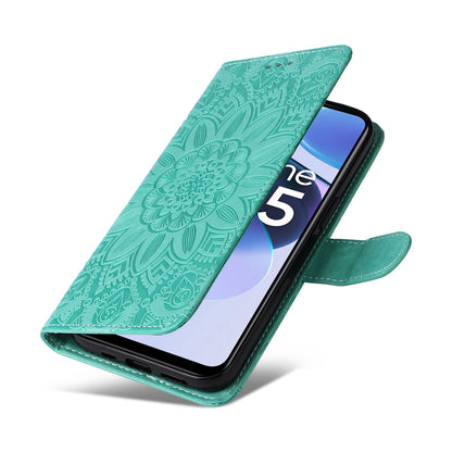 Realme Narzo 50A Prime Sunflower Embossed Leather Wallet Phone Case with Kickstand and Card Holder