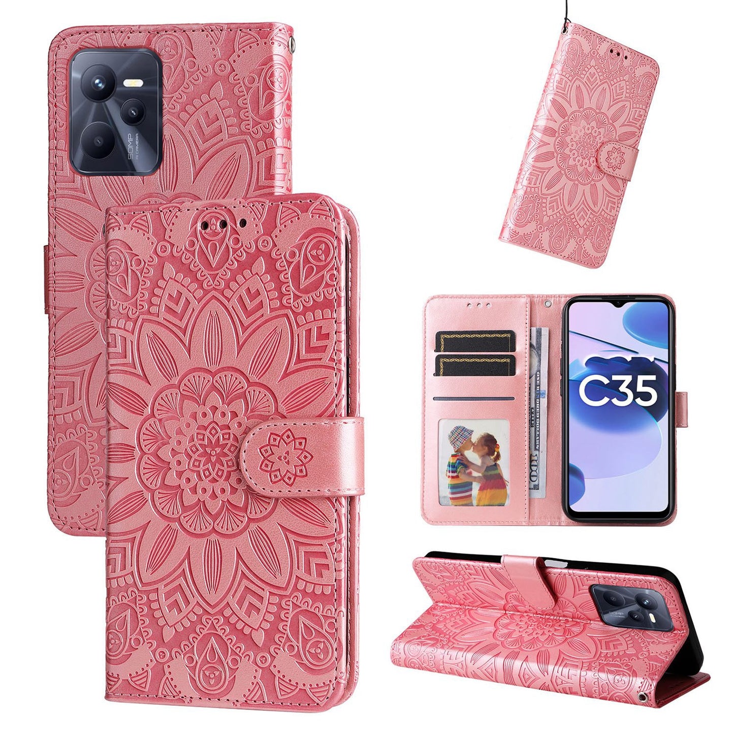 Realme C35 4G Sunflower Embossed Leather Wallet Phone Case with Kickstand and Card Holder
