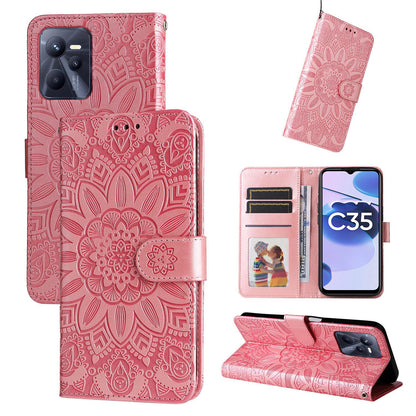 Realme C35 4G Sunflower Embossed Leather Wallet Phone Case with Kickstand and Card Holder