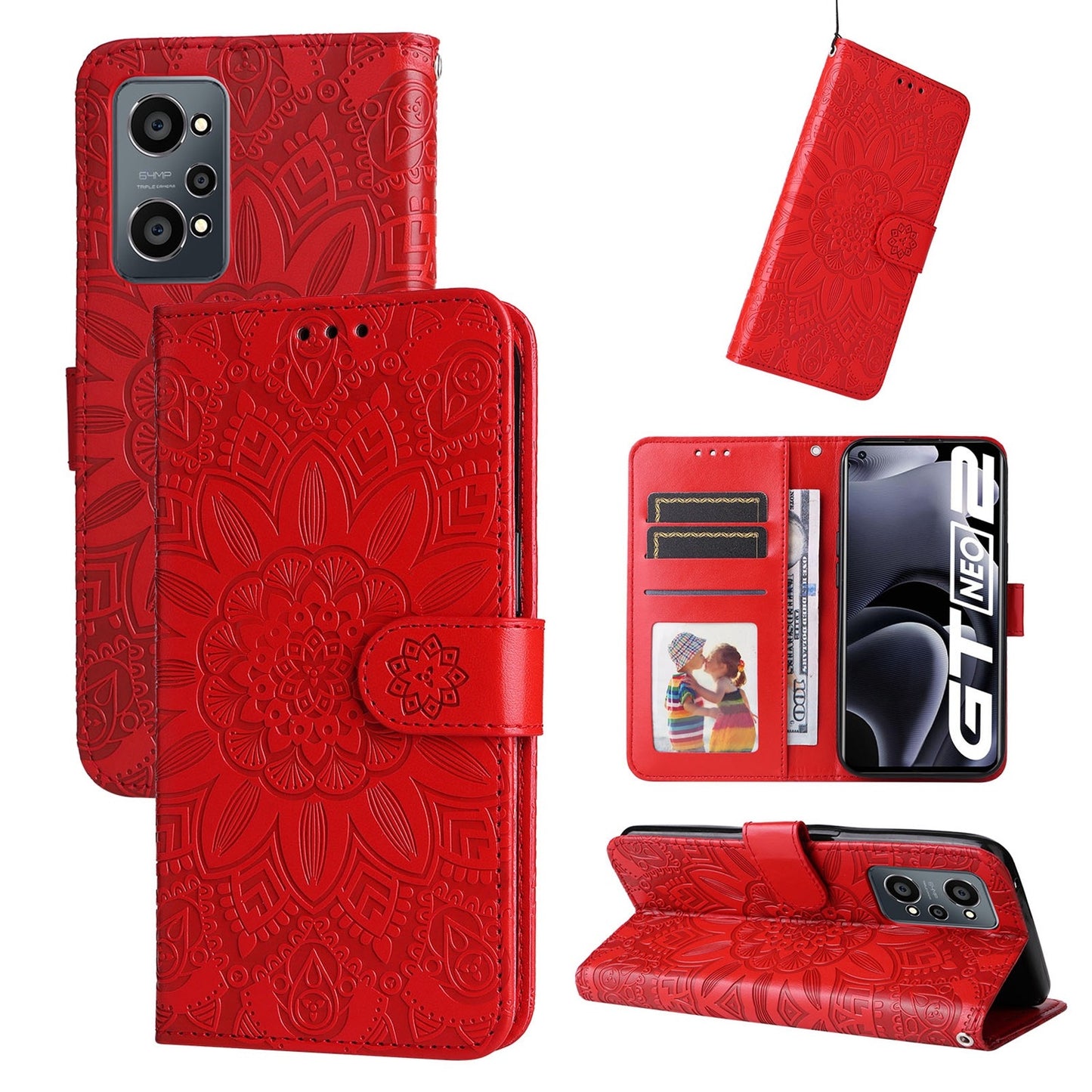 Realme GT Neo2 Sunflower Embossed Leather Wallet Phone Case with Kickstand and Card Holder