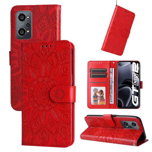 Realme GT Neo2 Sunflower Embossed Leather Wallet Phone Case with Kickstand and Card Holder