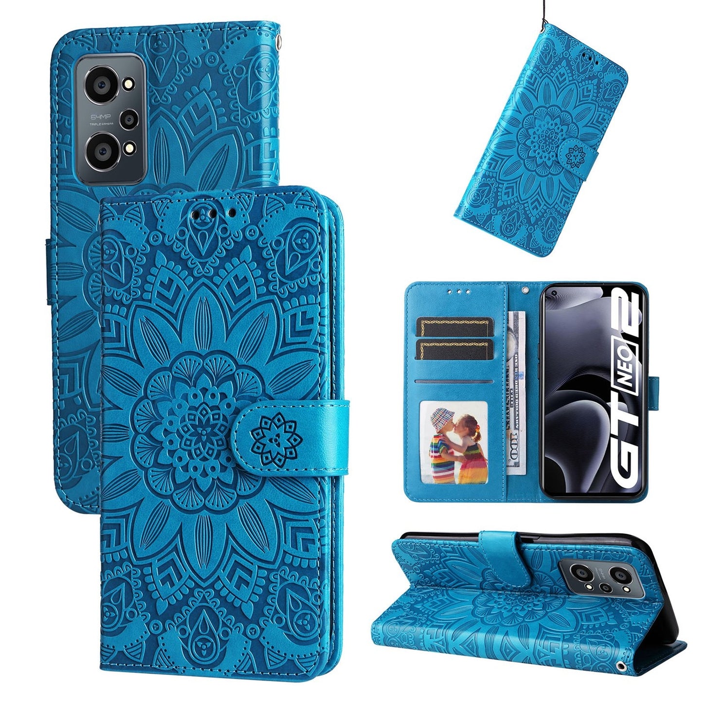 Realme GT Neo2 Sunflower Embossed Leather Wallet Phone Case with Kickstand and Card Holder