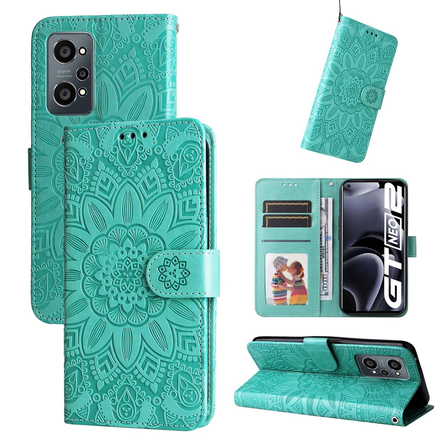 Realme GT Neo2 Sunflower Embossed Leather Wallet Phone Case with Kickstand and Card Holder