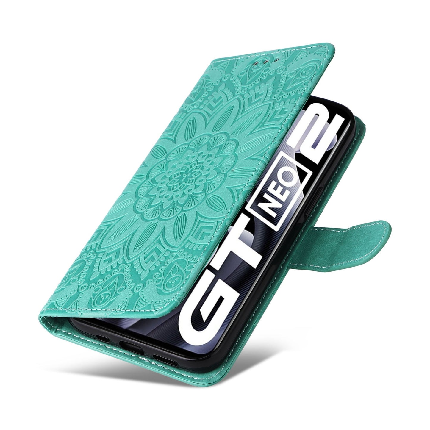 Realme GT Neo2 Sunflower Embossed Leather Wallet Phone Case with Kickstand and Card Holder