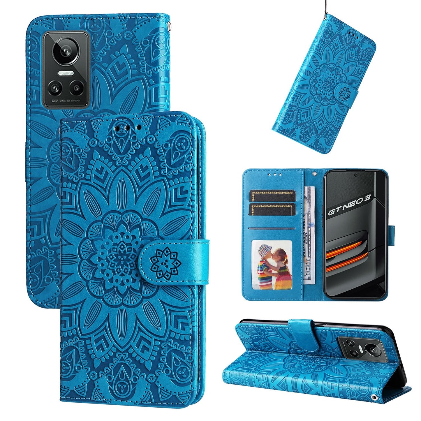 Realme GT Neo3 Sunflower Embossed Leather Wallet Phone Case with Kickstand and Card Holder