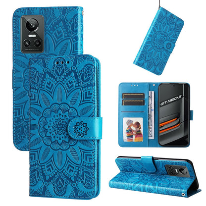 Realme GT Neo3 Sunflower Embossed Leather Wallet Phone Case with Kickstand and Card Holder
