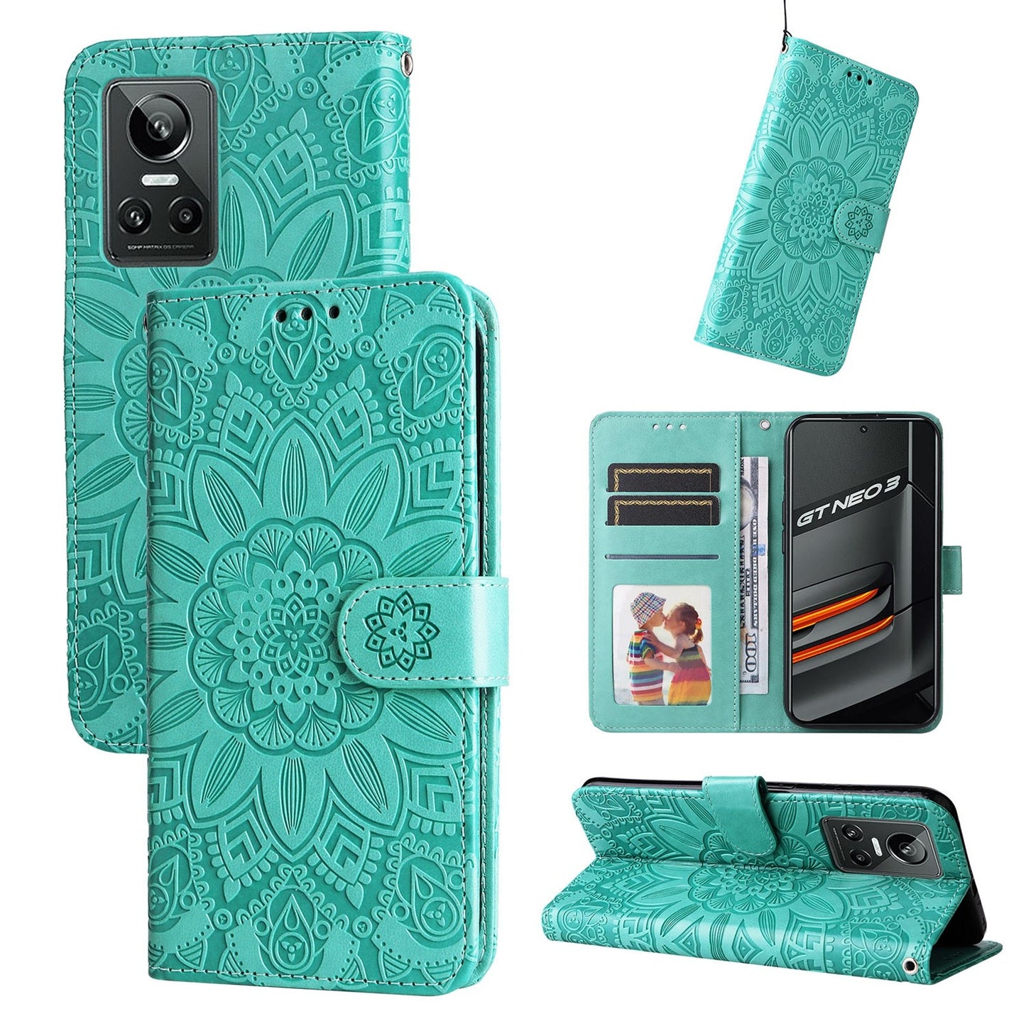Realme GT Neo3 Sunflower Embossed Leather Wallet Phone Case with Kickstand and Card Holder