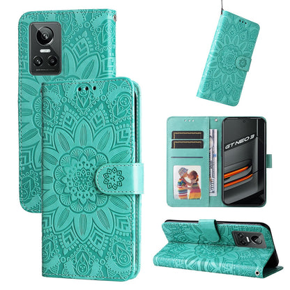 Realme GT Neo3 Sunflower Embossed Leather Wallet Phone Case with Kickstand and Card Holder