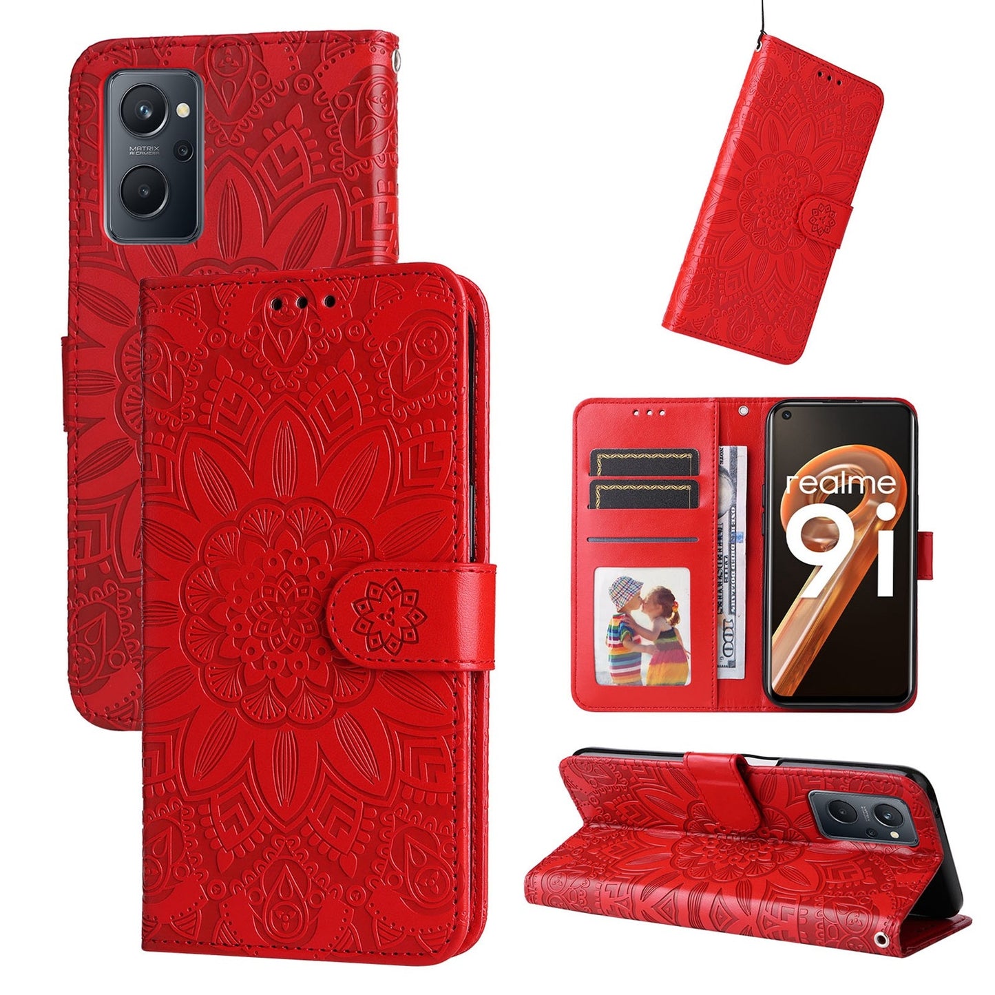 Realme A76 4G Sunflower Embossed Leather Wallet Phone Case with Kickstand and Card Holder