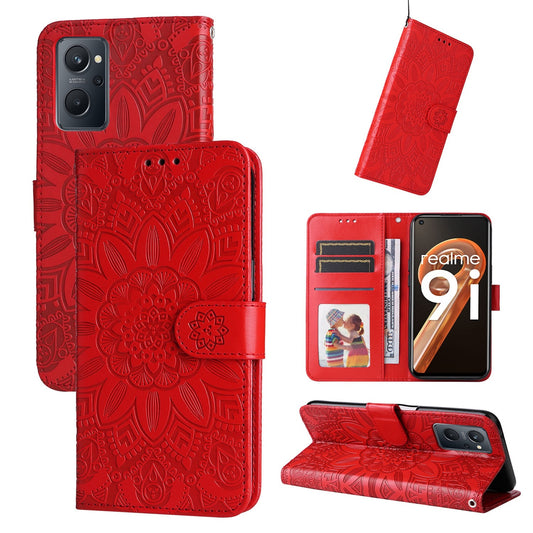 Realme A76 4G Sunflower Embossed Leather Wallet Phone Case with Kickstand and Card Holder