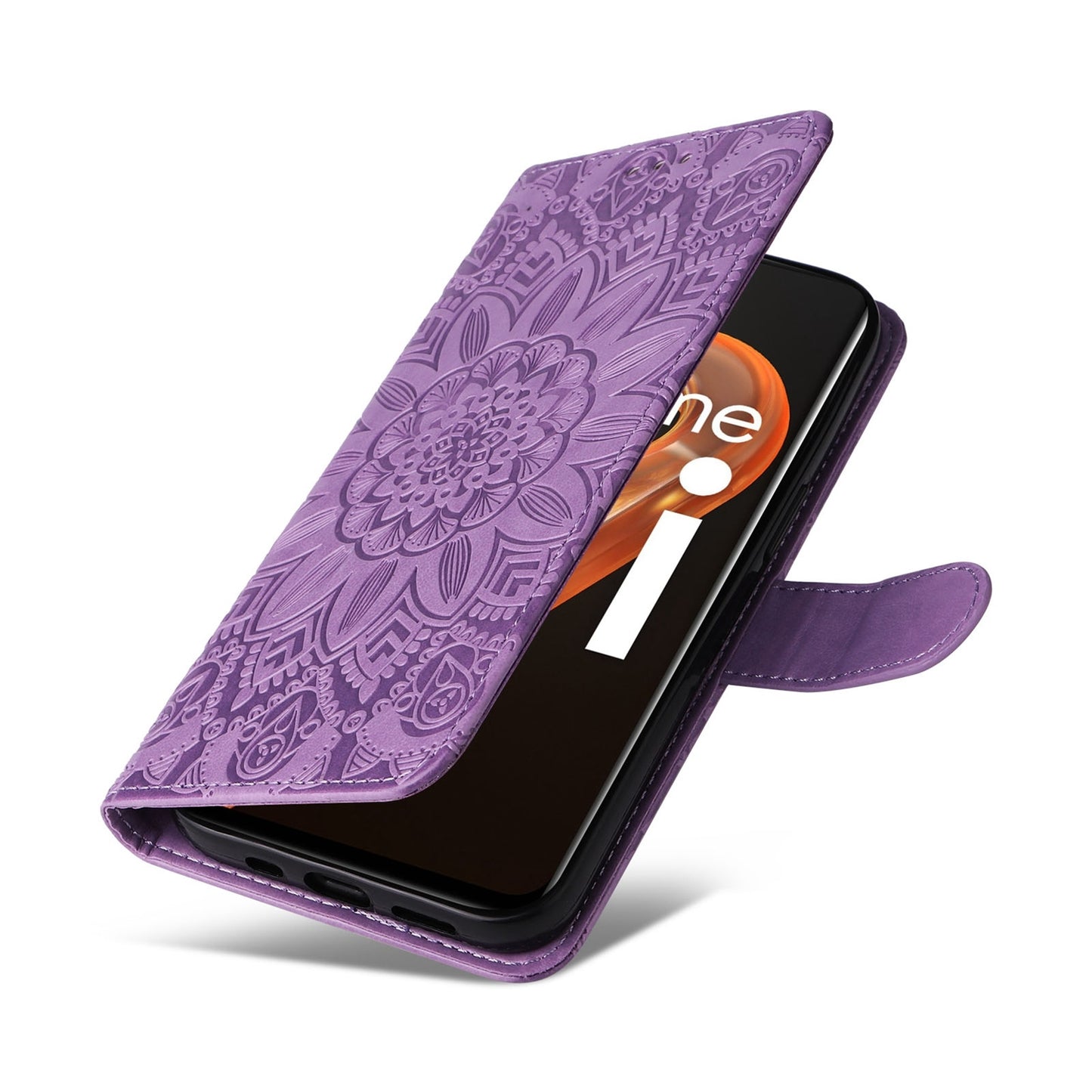 Realme A36 4G Sunflower Embossed Leather Wallet Phone Case with Kickstand and Card Holder