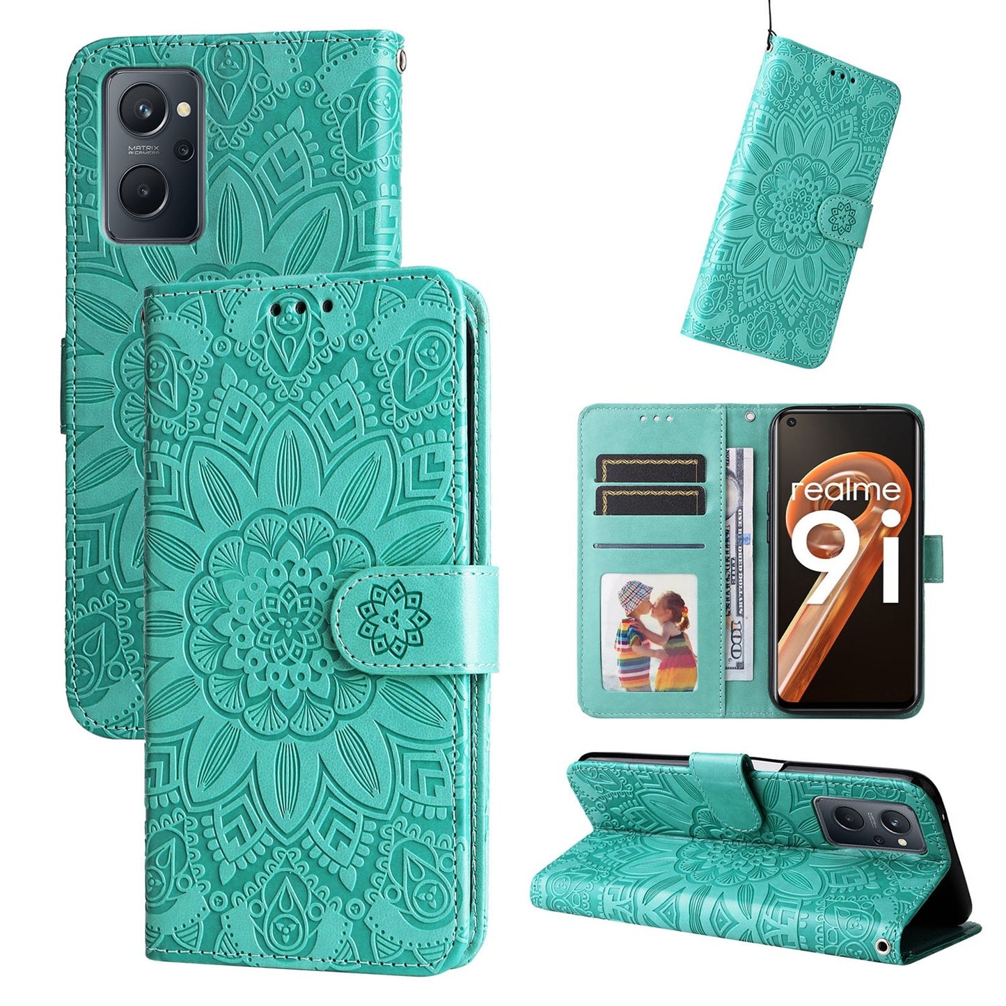 Realme 9i Sunflower Embossed Leather Wallet Phone Case with Kickstand and Card Holder