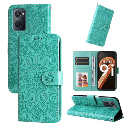 Realme 9i Sunflower Embossed Leather Wallet Phone Case with Kickstand and Card Holder