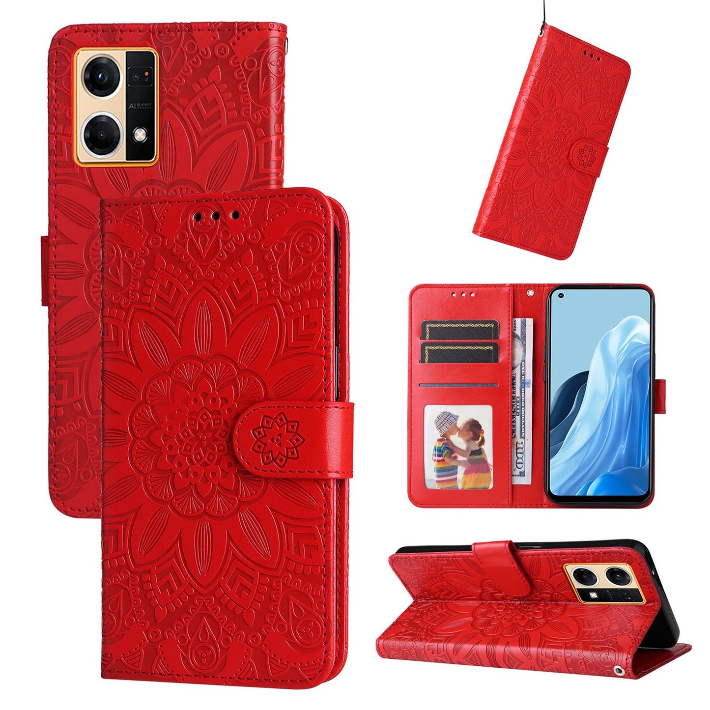 OPPO Reno7 4G Sunflower Embossed Leather Wallet Phone Case with Kickstand and Card Holder